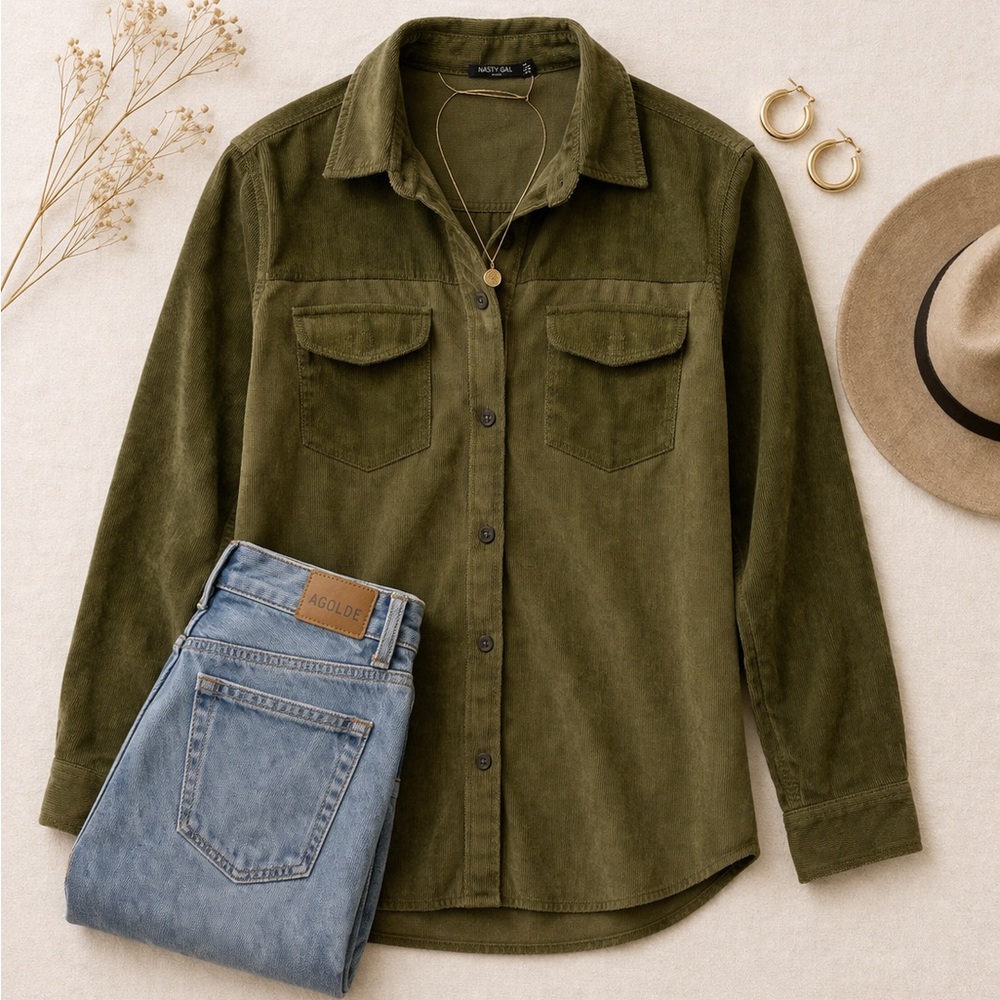 Nasty Gal Olive Green Corduroy Shirt Jacket